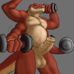  1:1 4_arms anthro anthroraptor balls bodily_fluids crius exercise first_person_view foreskin genital_fluids genitals hi_res humanoid_genitalia humanoid_penis male multi_arm multi_limb penis precum reptile scalie serpentine snake solo uncut weightlifting workout 