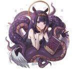  1girl ao-chan_(ninomae_ina&#039;nis) artist_name bangs blue_eyes blush breasts extra_ears fur_collar gloves halo highres hololive hololive_english light_smile ninomae_ina&#039;nis pointy_ears purple_gloves purple_hair sidelocks sketch small_breasts solo tentacle_hair tentacles terupancake twitter_username virtual_youtuber wings 