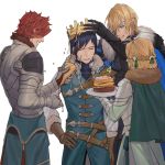  1girl 3boys :d armor belt blonde_hair blue_eyes blue_jacket braid brown_belt brown_gloves cape commentary_request confetti crown dimitri_alexandre_blaiddyd eyepatch felix_hugo_fraldarius fire_emblem fire_emblem:_three_houses french_braid from_behind fur-trimmed_cape fur_trim gloves green_cape green_ribbon grin hair_ribbon hand_on_hip happy_birthday highres holding holding_plate ingrid_brandl_galatea jacket multiple_boys open_mouth owl_taro party_popper pauldrons plate red_hair ribbon short_hair shoulder_armor simple_background smile sunny_side_up_egg sylvain_jose_gautier white_background 