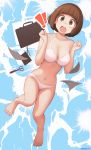  1girl absurdres artist_name bangs barefoot blunt_bangs blush bob_cut bra breasts brown_eyes brown_hair cleavage clenched_hands collarbone eyebrows_visible_through_hair full_body hands_up highres kill_la_kill looking_at_viewer mankanshoku_mako medium_breasts navel once_11h open_mouth panties paper round_teeth scissors short_hair solo suitcase symbol_commentary teeth underwear underwear_only upper_teeth white_bra white_panties 