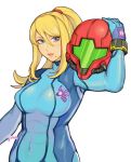  alternate_costume alternate_hairstyle blonde_hair blue_eyes breasts headwear_removed helmet helmet_removed highres holding holding_helmet jivke large_breasts looking_at_viewer metroid mole mole_under_mouth ponytail samus_aran simple_background skin_tight white_background zero_suit 