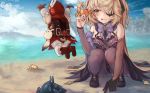  2girls absurdres backpack bag bangs bare_shoulders beach blonde_hair blush boots bow breasts charm_(object) crab day dress eyepatch fischl_(genshin_impact) fishnets genshin_impact gloves grabbing green_eyes hair_ribbon hands_up highres huge_filesize jumping klee_(genshin_impact) licking_lips long_hair looking_away medium_breasts multiple_girls outdoors purple_bow red_headwear ribbon sand single_glove squatting tongue tongue_out torriet vision_(genshin_impact) water 