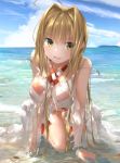  1girl ahoge all_fours bangs bare_shoulders beach bead_bracelet beads bikini blonde_hair blue_sky blush bracelet breasts cleavage collarbone criss-cross_halter fate/grand_order fate_(series) green_eyes hair_between_eyes hair_intakes halterneck highres jewelry large_breasts long_hair looking_at_viewer nero_claudius_(fate)_(all) nero_claudius_(swimsuit_caster)_(fate) open_mouth red_bikini sakazakinchan shore side-tie_bikini sky smile striped striped_bikini swimsuit 