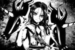  1girl alice:_madness_returns alice_(wonderland) alice_in_wonderland american_mcgee&#039;s_alice blood closed_mouth dress greyscale highres kana616 knife long_hair looking_at_viewer monochrome solo 
