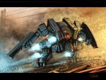  bottoms1237 charging_forward glowing glowing_eyes gun highres holding holding_gun holding_weapon mecha no_humans original red_eyes science_fiction solo vernier_thrusters weapon 
