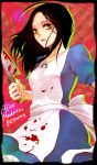  1girl alice:_madness_returns alice_(wonderland) american_mcgee&#039;s_alice apron black_hair blood breasts card closed_mouth dress highres jewelry jupiter_symbol knife long_hair looking_at_viewer necklace solo 