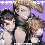  3boys :d bangs black_hair black_ribbon blue_eyes brown_eyes brown_hair clenched_hand commentary_request danganronpa danganronpa_1 dated eyebrows_visible_through_hair face fang from_side fujisaki_chihiro green_eyes grin hand_up ishimaru_kiyotaka long_sleeves looking_at_viewer male_focus multiple_boys oowada_mondo open_mouth pink_background red_eyes ribbon short_hair smile translation_request u_u_ki_u_u upper_body upper_teeth very_short_hair 