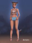  1girl animal_ears blonde_hair blue_eyes braid cat_ears cat_tail choker commission facial_mark final_fantasy final_fantasy_xiv full_body hair_between_eyes hands_on_hips highres looking_at_viewer maxim_domikov midriff miqo&#039;te sandals short_hair short_shorts shorts smile solo standing tail tank_top whisker_markings 