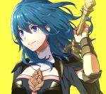  1girl armor asao_(vc) black_armor black_shirt blue_eyes blue_hair byleth_(fire_emblem) byleth_(fire_emblem)_(female) closed_mouth commentary english_commentary eyebrows_visible_through_hair fire_emblem fire_emblem:_three_houses floating_hair hair_between_eyes holding holding_sword holding_weapon lips long_hair looking_away over_shoulder shirt short_sleeves simple_background smile solo sword sword_behind_back sword_of_the_creator sword_over_shoulder weapon weapon_over_shoulder yellow_background 