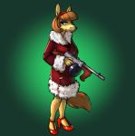  2016 anthro brown_hair brown_tail clothed clothing coat equid equine female flapper footwear full-length_portrait fully_clothed green_background gun hair high_heels holding_gun holding_object holding_weapon horse looking_at_viewer mammal portrait ranged_weapon red_clothing red_coat red_footwear red_shoes shoes simple_background siroc solo standing submachine_gun thompson_gun topwear weapon 