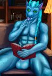  anthro balls blue_body blue_skin book dragon genitals gevual green_eyes hair hi_res horn licking long_hair male muscular penis scale solo tongue tongue_out 