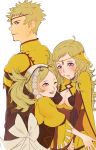  1boy 2girls ahoge breasts bynomeans circlet father_and_daughter fire_emblem fire_emblem_awakening fire_emblem_fates fire_emblem_heroes grandmother_and_granddaughter highres hug lissa_(fire_emblem) long_hair looking_at_another medium_breasts mother_and_son multiple_girls odin_(fire_emblem) one_eye_closed ophelia_(fire_emblem) 