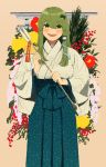  1girl arrow_(projectile) bangs blush eyebrows_visible_through_hair flower frog_hair_ornament hair_between_eyes hair_ornament highres holding holding_arrow kochiya_sanae long_sleeves open_mouth plant red_flower smile snake_hair_ornament solo tebukuro_withana touhou upper_body wide_sleeves 
