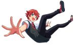  1boy :d bangs black_pants black_sweater_vest blue_eyes collared_shirt commentary_request eyebrows_visible_through_hair happy hibiki_yuuta looking_at_viewer male_focus multicolored_footwear necktie open_mouth outstretched_arms pants reaching_out red_footwear red_hair red_neckwear sayshownen school_uniform shiny shiny_hair shirt short_hair simple_background smile solo ssss.gridman sweater_vest white_background white_shirt 