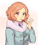  1girl alternate_costume brown_eyes brown_hair closed food fur_collar highres holding jivke looking_at_viewer mouth okumura_haru persona persona_5 pocky pocky_day short_hair simple_background smile sparkle winter_clothes 