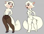  2017 anthro breasts butt cats_don&#039;t_dance clothed clothing domestic_cat felid feline felis female footwear front_view fur grey_background hair hands_on_hips legwear long_tail mammal nipples nude pantyhose rear_view sawyer_(cats_don&#039;t_dance) shoes simple_background siroc solo tights topless warner_brothers white_body white_fur white_hair white_tail 