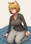  1girl absurdres animal_ears barefoot black_sweater blanket blonde_hair blush breasts casual chanta_(ayatakaoisii) denim fox_ears grey_pants highres jeans kneeling large_breasts looking_at_viewer pants short_hair sitting smile sweater touhou v-neck yakumo_ran yellow_eyes 