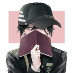  1boy ahoge asitaganbarouyo bangs black_hair black_headwear blush book brown_eyes commentary_request covering_mouth danganronpa hat holding long_sleeves looking_down male_focus new_danganronpa_v3 open_book saihara_shuuichi school_uniform short_hair solo striped_jacket upper_body white_background 