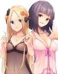  2girls abigail_williams_(fate/grand_order) babydoll bangs bare_shoulders black_bow blonde_hair blue_eyes blunt_bangs blush bow breasts cleavage collarbone cotton_swab covered_navel cucchiore fate/grand_order fate_(series) forehead hair_bow katsushika_hokusai_(fate/grand_order) long_hair looking_at_viewer medium_hair mimikaki multiple_bows multiple_girls open_mouth orange_bow parted_bangs parted_lips red_eyes short_hair sidelocks simple_background small_breasts smile white_background 