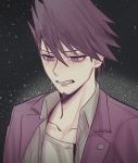  1boy blush clenched_teeth collarbone collared_shirt commentary_request crying danganronpa facial_hair goatee grey_shirt highres jacket kimbok looking_down male_focus momota_kaito new_danganronpa_v3 open_clothes open_jacket pink_eyes pink_jacket purple_hair shirt short_hair solo space spiked_hair starry_background tears teeth 