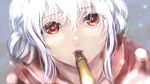  1girl blurry blurry_background close-up food highres original pocky pocky_day red_eyes red_scarf scarf short_hair snowing solo white_hair yazwo 