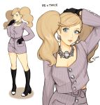  1girl artist_name blonde_hair blue_eyes breasts cleavage cosplay english_commentary jewelry jivke looking_to_the_side multiple_views necklace parted_lips persona persona_5 sana_(twice) sana_(twice)_(cosplay) takamaki_anne twice_(group) twintails white_background 