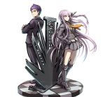  1boy 1girl bangs black_footwear black_jacket black_pants black_ribbon black_skirt blunt_bangs boots braid checkered checkered_floor commentary_request crossed_arms danganronpa danganronpa_1 gloves hair_ornament hair_ribbon hand_on_hip jacket kirigiri_jin kirigiri_kyouko knee_boots long_hair long_sleeves miniskirt necktie orange_neckwear pants pleated_skirt purple_eyes purple_hair ribbon shirt short_hair side_braid single_braid skirt standing very_short_hair white_background white_shirt youko-shima 