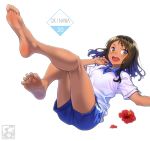  1girl bare_legs barefoot blue_shorts blush brown_hair dark_skin flower graphite_(medium) gym_shirt gym_shorts gym_uniform happy hibiscus long_hair original pairan shirt shorts smile soles tan toes traditional_media yellow_eyes 