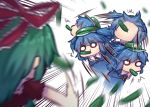  2girls blue_hair blurry bright_pupils collared_shirt cucumber eyebrows_visible_through_hair flat_cap food food_in_mouth green_hair green_headwear hair_bobbles hair_ornament hair_ribbon hat kagiyama_hina kawashiro_nitori launching medium_hair multiple_girls red_ribbon ribbon shirt short_sleeves simple_background touhou twintails unime_seaflower v-shaped_eyebrows vegetable white_background 