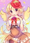  1girl amo_(shibu3) animal_on_head bangs bird blonde_hair breasts chick cleavage cowboy_shot eyebrows_visible_through_hair feathered_wings hair_between_eyes hands_on_own_chest hands_together large_breasts looking_at_viewer multicolored_hair niwatari_kutaka on_head open_clothes open_shirt puffy_short_sleeves puffy_sleeves red_eyes red_hair red_neckwear shirt short_hair short_sleeves smile solo touhou two-tone_hair underboob white_shirt wings 