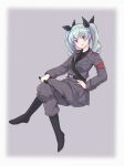  1girl anchovy_(girls_und_panzer) anzio_military_uniform bangs belt black_belt black_footwear black_neckwear black_ribbon black_shirt boots closed_mouth commentary crossed_legs dress_shirt drill_hair eyebrows_visible_through_hair girls_und_panzer green_hair grey_background grey_jacket grey_pants hair_ribbon hand_on_hip holding invisible_chair jacket katakori_sugita knee_boots long_hair long_sleeves looking_at_viewer military military_uniform necktie pants red_eyes ribbon riding_crop sam_browne_belt shirt sitting smile solo twin_drills twintails uniform wing_collar 