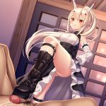  1boy 1girl absurdres arm_up armpits asisuki ayanami_(azur_lane) ayanami_(nightfall_raiment)_(azur_lane) azur_lane bare_shoulders black_dress black_footwear blonde_hair boots breasts cleavage commentary_request cum detached_sleeves dress ejaculation footjob frilled_dress frills hair_ornament headgear highres indoors knee_boots leg_belt long_hair long_sleeves looking_down male_pubic_hair ponytail pubic_hair puffy_sleeves red_eyes shoejob small_breasts solo_focus standing thighs 