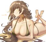  1girl ass barefoot bikini braid breasts brown_hair cleavage commentary_request eyepatch girls_frontline large_breasts long_hair m16a1_(girls_frontline) moa_(21energy12) mole mole_under_eye scar single_braid smile solo swimsuit white_background yellow_eyes 