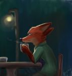  2020 anthro arzmx canid canine chair clothed clothing cup disney fox fully_clothed fur furniture hi_res holding_cup holding_object light lighting male mammal necktie nick_wilde orange_body orange_fur red_fox shirt side_view signature sitting solo table topwear zootopia 