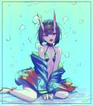  1girl absurdres blue_kimono collarbone eyebrows_visible_through_hair fate/grand_order fate_(series) flat_chest highres horns japanese_clothes kimono looking_at_viewer oni oni_horns open_mouth purple_eyes purple_hair sawarineko short_hair shuten_douji_(fate/grand_order) sitting solo thick_eyebrows twitter_username 