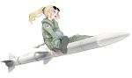  1girl :d aim-120_amraam black_footwear blonde_hair blue_eyes boots eyewear_on_head freckles from_side green_jacket green_pants headwear_removed helmet helmet_removed highres jacket long_hair long_sleeves military military_uniform missile mochi_(circle_rin) open_mouth original pants pilot_helmet ponytail riding_bomb simple_background smile solo sunglasses uniform white_background 
