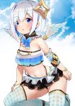  1girl :o absurdres amane_kanata armband bangs bare_shoulders black_skirt blue_bow blue_legwear blue_sky blue_sleeves blush bow breasts crop_top detached_sleeves eyebrows_visible_through_hair feathered_wings hair_between_eyes highres hololive kneeling kobi_(piliheros2000) layered_skirt mini_wings multicolored_hair navel parted_lips plaid plaid_legwear plaid_sleeves pleated_skirt puffy_short_sleeves puffy_sleeves short_sleeves silver_hair skirt sky small_breasts thighhighs two-tone_hair virtual_youtuber white_background white_skirt white_wings wings 