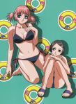  2girls asami_igarashi bangs barefoot bikini black_eyes black_hair blue_eyes drop_shadow eyebrows_visible_through_hair hair_ornament hairclip halter_top halterneck hands_together highres innertube knees_together_feet_apart looking_at_viewer mezzo_danger_service_agency mezzo_forte multiple_girls navel official_art parted_bangs pink_hair sandals shiny shiny_skin short_hair short_twintails side-tie_bikini smile suzuki_mikura swimsuit twintails umetsu_yasuomi 