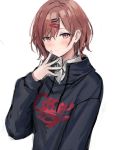  1girl black_jacket clothes_writing collared_shirt fuwawa_(fuwawa617) hair_ornament hairclip hand_up highres higuchi_madoka idolmaster idolmaster_shiny_colors jacket long_sleeves looking_at_viewer mole mole_under_eye red_eyes red_hair shirt short_hair sidelocks simple_background solo undershirt upper_body white_background white_shirt 