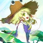  1girl absurdres animal arm_up bangs blonde_hair blue_sky brown_headwear chinese_commentary commentary_request day eyebrows_visible_through_hair floating_hair frog from_side green_eyes hair_ribbon hand_on_headwear hat highres horizontal_pupils id_kun light_rays lily_pad long_sleeves moriya_suwako open_mouth puffy_long_sleeves puffy_sleeves purple_skirt purple_vest pyonta raised_eyebrows red_ribbon ribbon shirt short_hair skirt skirt_set sky solo splashing straw_hat touhou tress_ribbon turtleneck upper_body upper_teeth vest water water_drop white_shirt wide_sleeves 