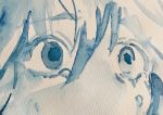  1other blue_eyes blue_hair blue_theme close-up crying eyes face hair_between_eyes mayori_fujiyoshi monochrome no_nose original tears traditional_media watercolor_(medium) 