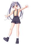  1girl :d absurdres ahoge bandaid bandaid_on_knee black_footwear black_shorts blush collared_shirt commentary_request fang full_body grey_hair hair_ornament hairclip head_tilt highres long_hair looking_at_viewer open_mouth original outstretched_arms red_eyes sekina shirt shoes short_shorts short_sleeves shorts simple_background smile socks solo spread_arms suspender_shorts suspenders twintails white_background white_legwear wing_collar yellow_shirt 