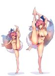  2girls animal_ear_fluff animal_ears bangs bare_shoulders blue_kimono blue_legwear blush breasts cleavage dual_persona fate/extra fate_(series) fox_ears fox_girl fox_tail full_body hair_between_eyes highres japanese_clothes kimono large_breasts leg_lift leg_up legs long_hair multiple_girls open_mouth pink_hair sidelocks simple_background small_breasts smile split standing standing_on_one_leg standing_split tail tamamo_(fate)_(all) tamamo_no_mae_(fate) thighhighs time_paradox twintails white_background wisespeak yellow_eyes younger 