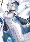  1girl blue_eyes cape closed_mouth covered_navel cross cross_necklace dress echj hair_between_eyes hat highres jewelry long_dress necklace original sketch sleeves_past_fingers sleeves_past_wrists solo white_cape white_dress white_hair white_headwear white_theme 