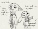  2020 absurd_res anthro bodily_fluids canid canine clothed clothing dialogue disney english_text female fox fully_clothed hi_res judy_hopps lagomorph leporid male mammal necktie nick_wilde offscreen_character open_mouth open_smile police_uniform qalcove rabbit red_fox shirt sketch smile sweat sweatdrop text topwear uniform zootopia 