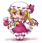  1girl apple ascot blonde_hair bow collared_shirt crystal dress eyebrows_visible_through_hair fang flandre_scarlet food frilled_skirt frills fruit full_body hair_between_eyes hat hat_ribbon highres holding holding_food holding_fruit long_sleeves looking_at_viewer medium_hair mob_cap open_mouth red_apple red_bow red_dress red_eyes red_footwear red_ribbon red_shirt red_skirt ribbon ribbon-trimmed_headwear ribbon_trim shirt side_ponytail simple_background skirt smile solo standing touhou unime_seaflower white_background white_headwear white_legwear white_sleeves wings yellow_neckwear 