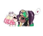  &lt;3 animal_humanoid blush bodily_fluids cephalopod cephalopod_humanoid clothed clothing crown eating female female/female food headphones humanoid humanoid_on_humanoid inkling jacket marina_(splatoon) marine marine_humanoid mole_(marking) mollusk mollusk_humanoid namuro nervous nintendo octarian octoling octopus_humanoid pearl_(splatoon) pocky pocky_game pseudo_hair romantic_couple shaking side_view simple_background speech_bubble splatoon squid_humanoid sweat tan_body tan_skin tentacle_hair tentacles topwear vest video_games 