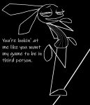  black_background clothed clothing dialogue digital_media_(artwork) dress english_text female flirting lagomorph leporid looking_at_viewer mammal monochrome open_mouth polygons rabbit simple_background smug solo sony_corporation sony_interactive_entertainment talking_to_viewer text vib-ribbon vibri video_games vinny_van_yiffy 