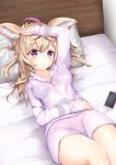  1girl absurdres ahoge animal_ears arm_on_head bed blonde_hair cellphone collarbone cowboy_shot fox_ears hand_to_head headboard highres hololive indoors long_hair looking_at_viewer lying messy_hair omaru_polka on_back on_bed pajamas phone pillow purple_eyes rinsu_(rins10215) smartphone smile solo thighs virtual_youtuber zipper 