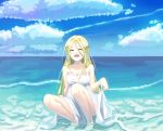  barefoot beach blonde_hair clouds cropped dress fang long_hair original sansu see_through sky summer_dress water wet 